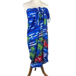 Casual Movements Women's Aloha Fringed Sarong Cover-up Swimwear Blue 56” x 42”